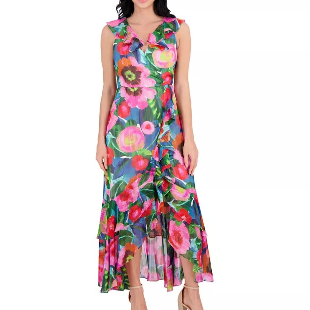NWT Kensie Floral Cascade Ruffle Dress, Red / Multicolor